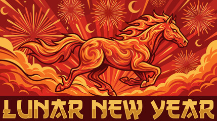 Fire horse artwork celebrating Chinese New Year and the Year of the Horse, featuring zodiac symbolism, lanterns, flames, and festive lunar holiday atmosphere.