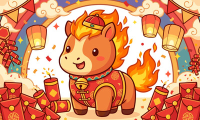 Cute fire horse character for chinese new year celebration, colorful vector illustration representing joy and luck in the Year of the Horse.