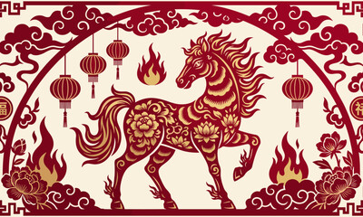Ornate fire horse illustration for chinese new year, traditional vector artwork celebrating the Year of the Horse with classic zodiac symbolism.