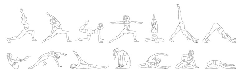 Women do yoga and Pilates exercises line set. Healthy wellness lifestyle. Slim woman doing various fitness stretching, meditation and relaxation, gym sport body training doodle vector illustration