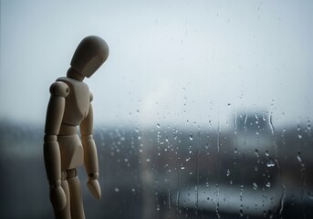 Wooden Mannequin by the Window on a Rainy Day