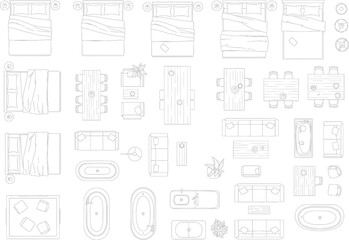 Top view set of furniture plan symbols for interior design and architectural layouts