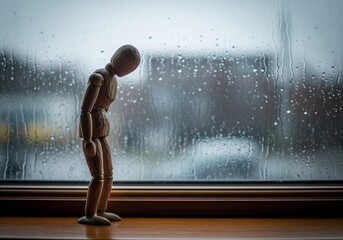 Pensive Wooden Figure by Rainy Window