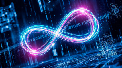 Abstract glowing infinity symbol with light trails and digital data