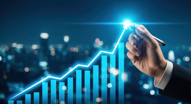 Hand draws brilliant growth line charting success over a modern blue financial bar chart in a dark city background - Powered by Adobe