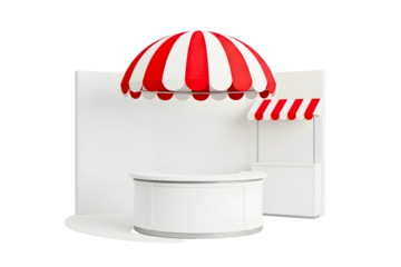 White kiosk or booth with red and white striped umbrella for display isolated on transparent background