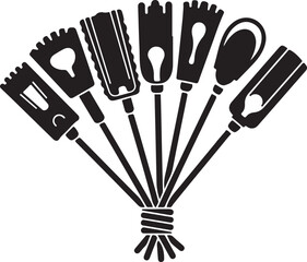 Diverse set of tools for cleaning and maintenance, presented in a stylized silhouette vector design on a transparent background