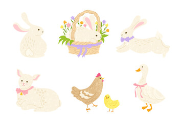 Happy Easter comic animal characters vector set. Cartoon spring Easter bunny hare in basket, chicken chick, goose lamb adorable cute animal collection for card, postcard invitation Vector illustration