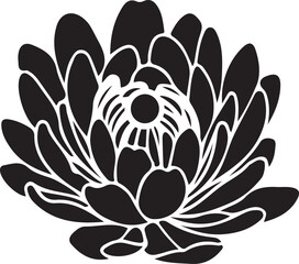 A striking black and white silhouette illustration of a blooming lotus flower, perfect for design projects