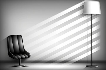 black chair and white floor lamp in striped gray background with dynamic light rays for interior decor