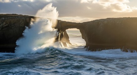 Powerful waves crash against a natural rock arch on a dramatic coastline at sunset.