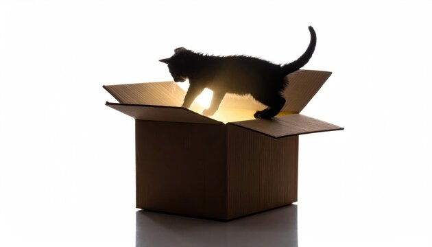 A silhouette of a curious kitten explores an open box, a whimsical moment of discovery.