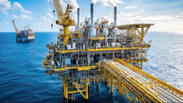 Offshore Oil Drilling Platform Complex With Connecting Bridge Under Blue Sky With Wispy Clouds And Calm Ocean Water With Another Platform In The Distance