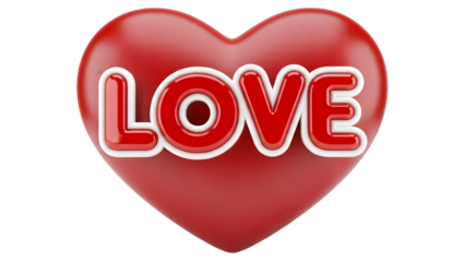 Red heart with love text isolated on transparent background