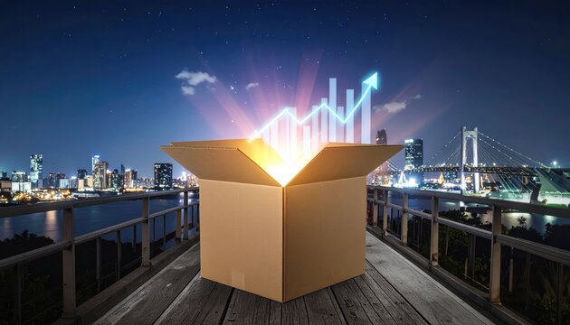 A cardboard box reveals an enlightening graph, signifying business development and strategic insight, with a cityscape backdrop that shows opportunities and horizons.