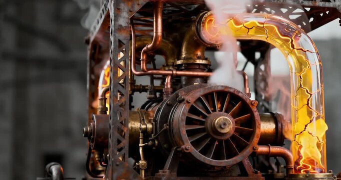 Steampunk-inspired intricate machine with glowing molten liquid and steam, featuring gears, pipes, and a turbine.
