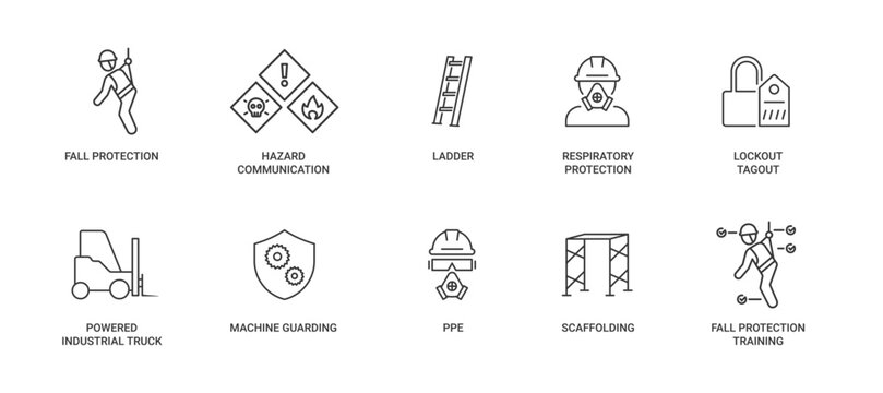 OSHA Standard icon set containing fall protection, hazard communication, ladder, respiratory protection, LOTO, powered industrial truck, machine guarding, PPE, scaffolding. fall protection training