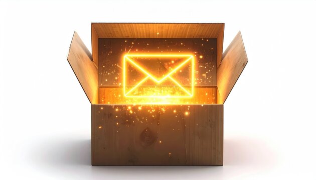 E-mail Delivery: An illuminated mail icon shines from within an open cardboard box, symbolizing the concept of communication and digital delivery. This image represents the core of modern messaging
