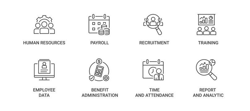 Human Resources Information System icon set containing human resources, payroll, recruitment, training, employee data, benefit administration, time and attendance, report and analytic vector icons