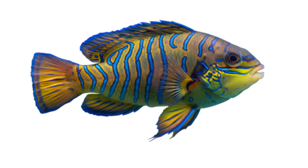 Colorful Tropical Fish with Vibrant Blue and Yellow Stripes Swimming in Water