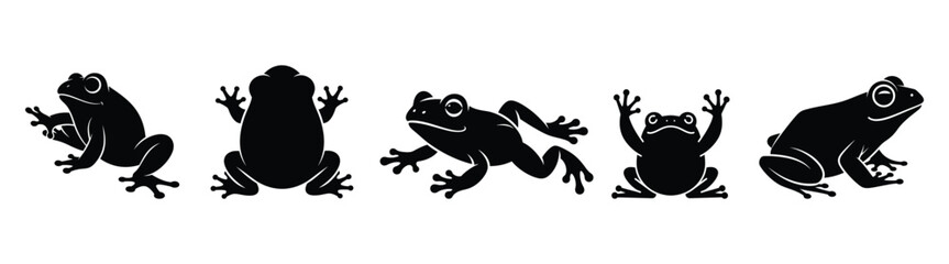 Set of 5 Frogs Silhouettes in Different Poses on White Background
