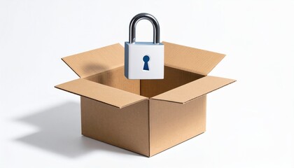 Secure Package: A conceptual image illustrating security and protection, featuring a padlock hovering above an open cardboard box. Symbolizing the safety and privacy of enclosed items.