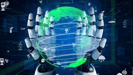 A futuristic scene featuring robotic hands gently holding a digital representation of Earth. The image symbolizes innovation and sustainability in a tech-driven world. Xenic