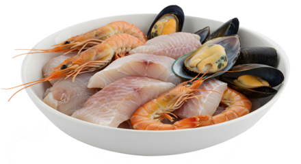 Fresh Seafood Platter with Prawns Mussels and Fish in White Bowl