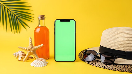 Summer vacation accessories with green screen smartphone on yellow background