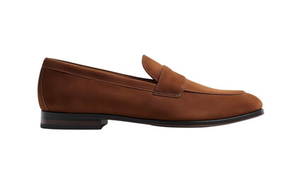 Elegant Men's Brown Suede Penny Loafer Shoe. Classic and stylish footwear for formal or smart casual occasions, isolated on a black background.