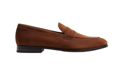 Elegant Men's Brown Suede Penny Loafer Shoe. Classic and stylish footwear for formal or smart casual occasions, isolated on a black background.