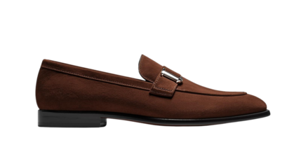 Elegant men's brown suede loafer shoe with silver buckle, isolated on black background, perfect for fashion, luxury, and formal or casual style photography.