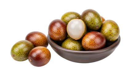 A delicious matoa fruits on a black clay bowl, white background isolated