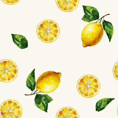 手描き水彩風レモンのシームレスパターン