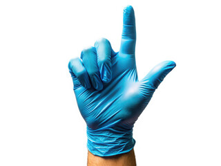 Obraz premium Illustration of a hand wearing a blue nitrile glove pointing upwards isolated on white background