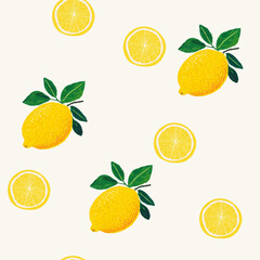 ミニマムな手描きレモンと輪切りレモンのシームレス背景パターン