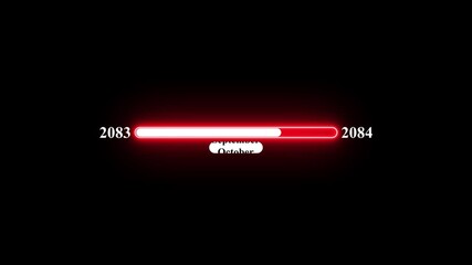 2083 to 2084 loading animation with January 2083 to January 2084 time line on black background, year progress transition, calendar time loading bar, new year change concept