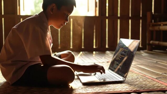 Rural Asian Boy Student Learning Computer Programming and Coding on Laptop in Traditional Wooden House with Sunlight