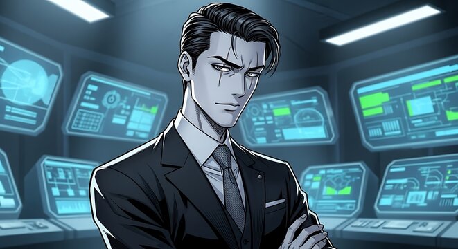 Serious Anime Man in Suit in High Tech Control Room. - Powered by Adobe