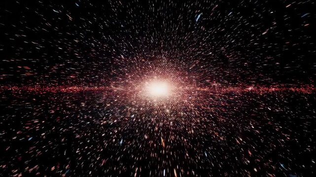 A burst of light with fiery particles exploding in a dark void