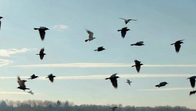 Wildlife 4K Ultra HD bird flock video of a flock of Sturnus vulgaris starlings seemingly frightened flying and circling high in a winter sky before eventually landing again