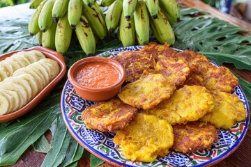 Golden banana fritters, fresh sliced bananas, and a spicy dipping sauce on a rustic table