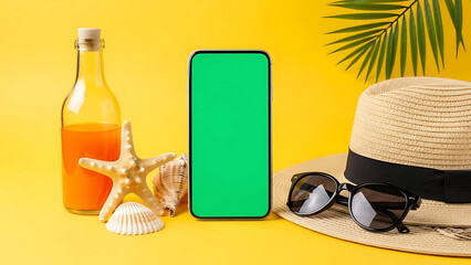 Summer vacation items with green screen smartphone on yellow background