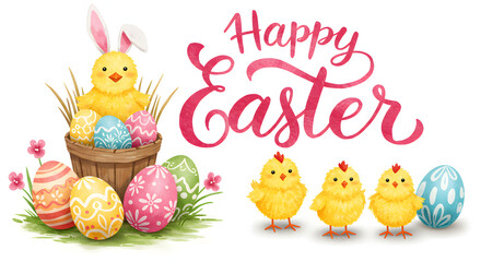Cute Easter Egg Basket with Yellow Chick and Bunny in Pastel Colors for Spring Holiday Celebrations