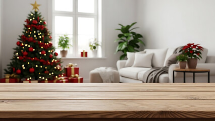 Cozy living room with christmas tree and decorated presents on wooden table top