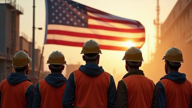 Workers Standing Together Under the Flag on Workers&rsquo; Day
