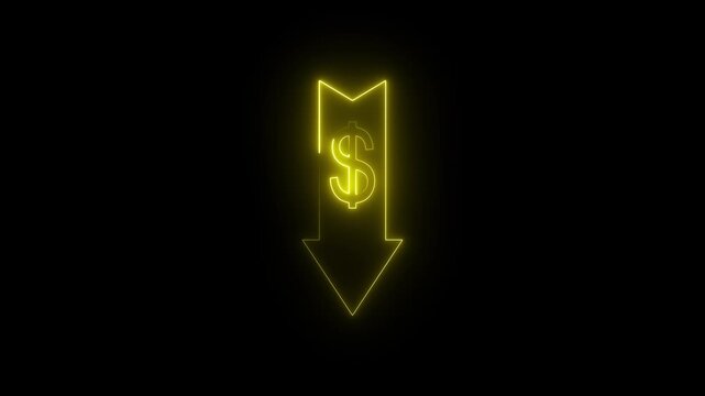 Neon Glowing Downward Arrow Inside Dollar Icon Animation on Black Background, Looping Financial Decline Symbol for Loss, Expense, Revenue Drop, Market Downturn, Digital Money UI
