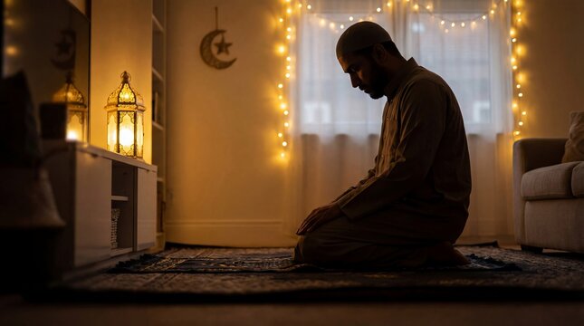 Muslim man kneeling and praying on a prayer rug surrounded by Ramadan decorations at home