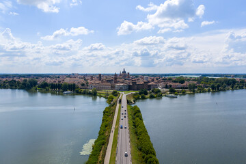 Obraz premium Aerial view of Mantua skyline and causeway - Mantua, Italy