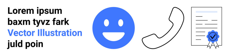 Fototapeta premium Customer support, communication, verification, certification, service quality, user experience. Blue happy face, phone icon document with seal. Communication and verification concepts